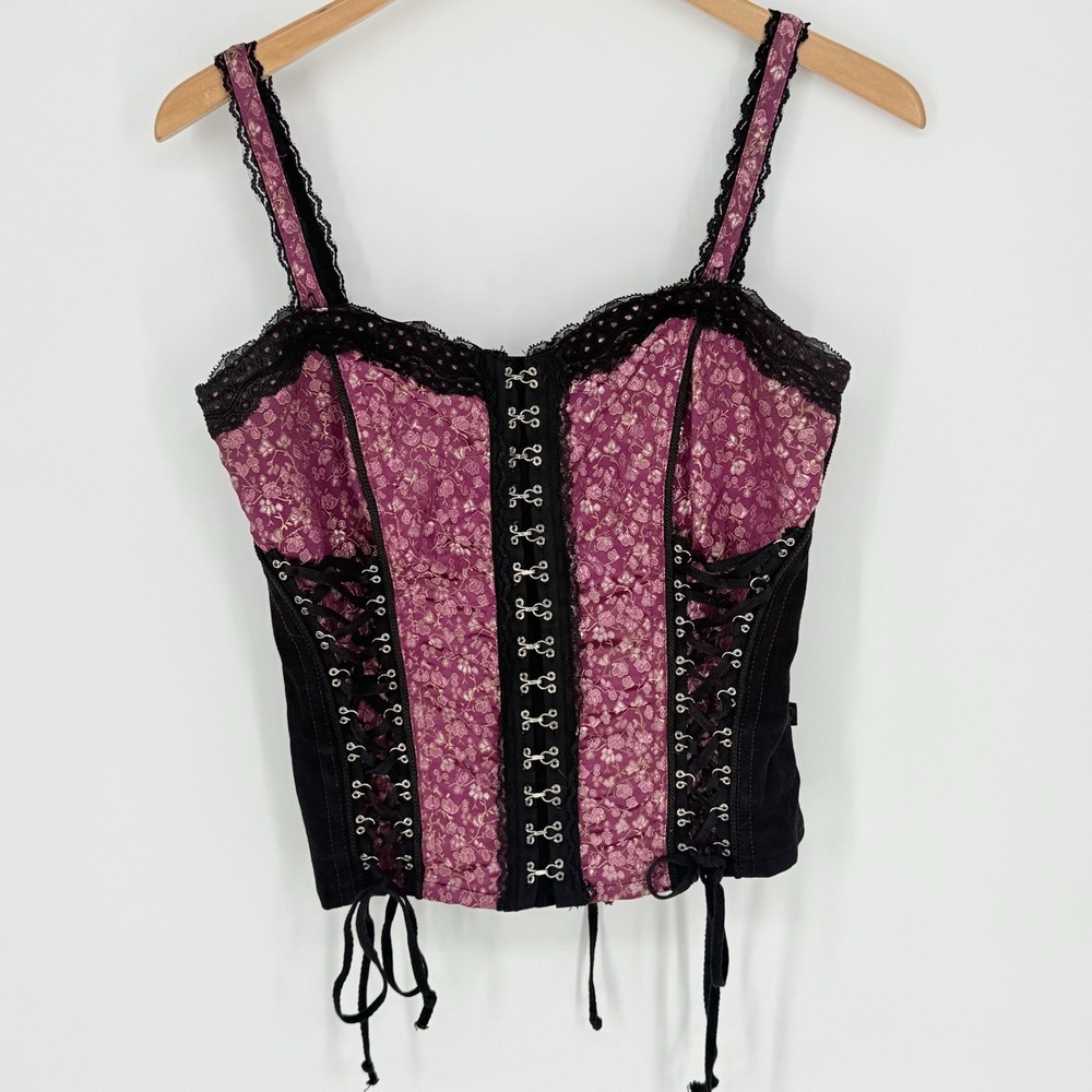 Y2K Tripp NYC Corset Black/Pink Medium Lace Up Floral Whimsigoth Grunge Alt Punk